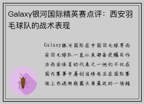 Galaxy银河国际精英赛点评：西安羽毛球队的战术表现